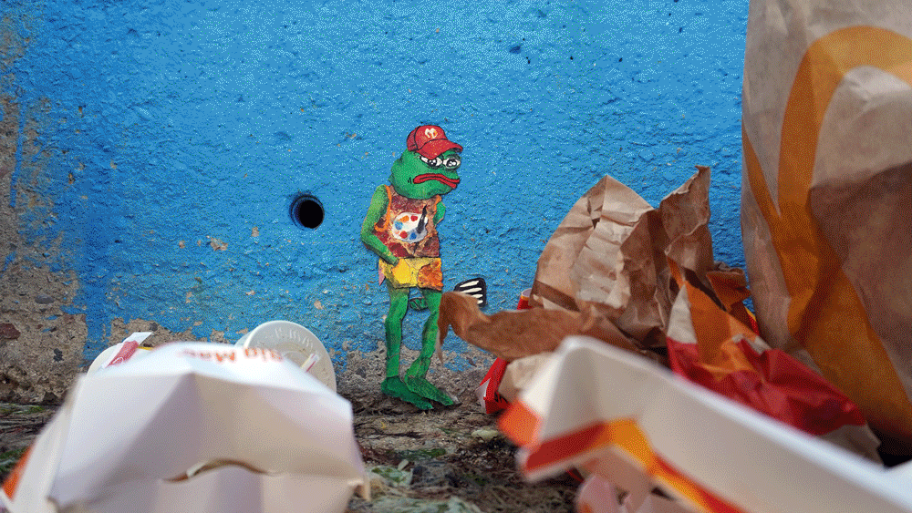 “One Of Us” / Street Art, Collage, 18 frame GIF, Pepe / 2023